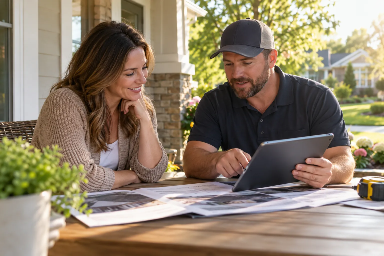 A homeowner in the Salt Lake City area reviewing a written roof quote with a local provider