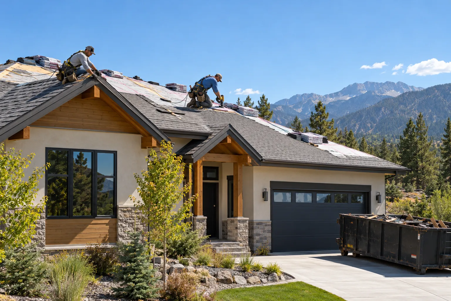 A roofing provider installing new shingles on a home near Salt Lake City under clear blue sky